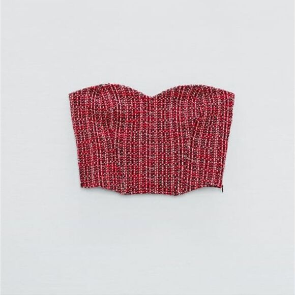 NWT Zara Textured Tweed Corset Strapless Top Size small tweed dark red burgundy - Picture 4 of 10